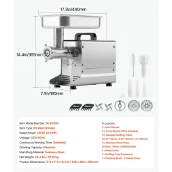VEVOR Commercial Meat Grinder, 5 Lbs/Min Capacity, #5 Electric Meat Mincer with 3 Plates, 3 Sausage Stuffing Tubes, 350W/0.5HP Stainless Steel Sausage Maker for Home Kitchens & Restaurants, ETL Listed