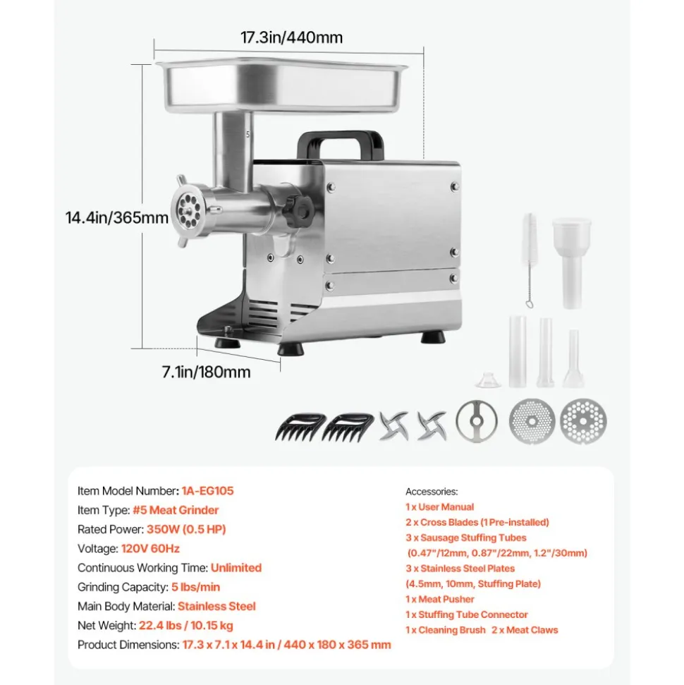 VEVOR Commercial Meat Grinder, 5 Lbs/Min Capacity, #5 Electric Meat Mincer with 3 Plates, 3 Sausage Stuffing Tubes, 350W/0.5HP Stainless Steel Sausage Maker for Home Kitchens & Restaurants, ETL Listed