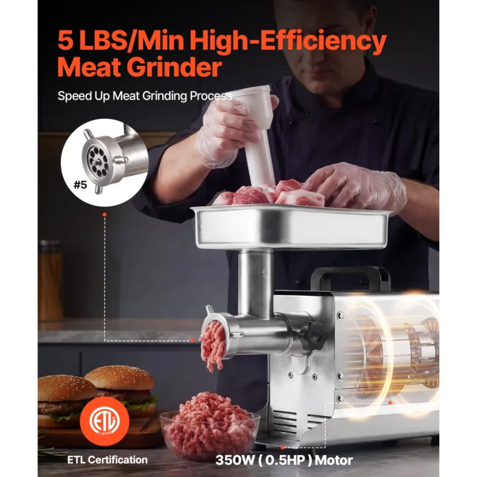 VEVOR Commercial Meat Grinder, 5 Lbs/Min Capacity, #5 Electric Meat Mincer with 3 Plates, 3 Sausage Stuffing Tubes, 350W/0.5HP Stainless Steel Sausage Maker for Home Kitchens & Restaurants, ETL Listed