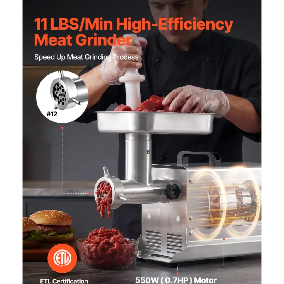VEVOR Commercial Meat Grinder, 11 Lbs/Min Capacity, #12 Electric Meat Mincer with 3 Plates, 3 Sausage Stuffing Tubes, 550W/0.7HP Stainless Steel Sausage Maker for Home Kitchen & Restaurant, ETL Listed
