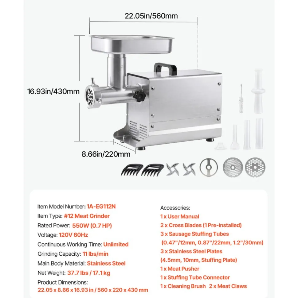 VEVOR Commercial Meat Grinder, 11 Lbs/Min Capacity, #12 Electric Meat Mincer with 3 Plates, 3 Sausage Stuffing Tubes, 550W/0.7HP Stainless Steel Sausage Maker for Home Kitchen & Restaurant, ETL Listed