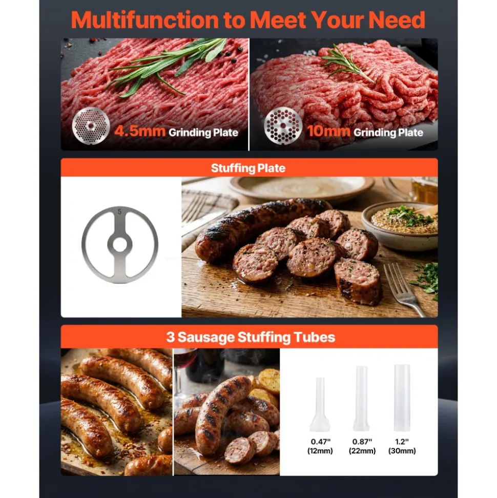 VEVOR Commercial Meat Grinder, 8 Lbs/Min Capacity, #8 Electric Meat Mincer with 3 Plates, 3 Sausage Stuffing Tubes, 350W/0.5HP Stainless Steel Sausage Maker for Home Kitchens & Restaurants, ETL Listed