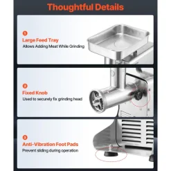 VEVOR Commercial Meat Grinder, 8 Lbs/Min Capacity, #8 Electric Meat Mincer with 3 Plates, 3 Sausage Stuffing Tubes, 350W/0.5HP Stainless Steel Sausage Maker for Home Kitchens & Restaurants, ETL Listed