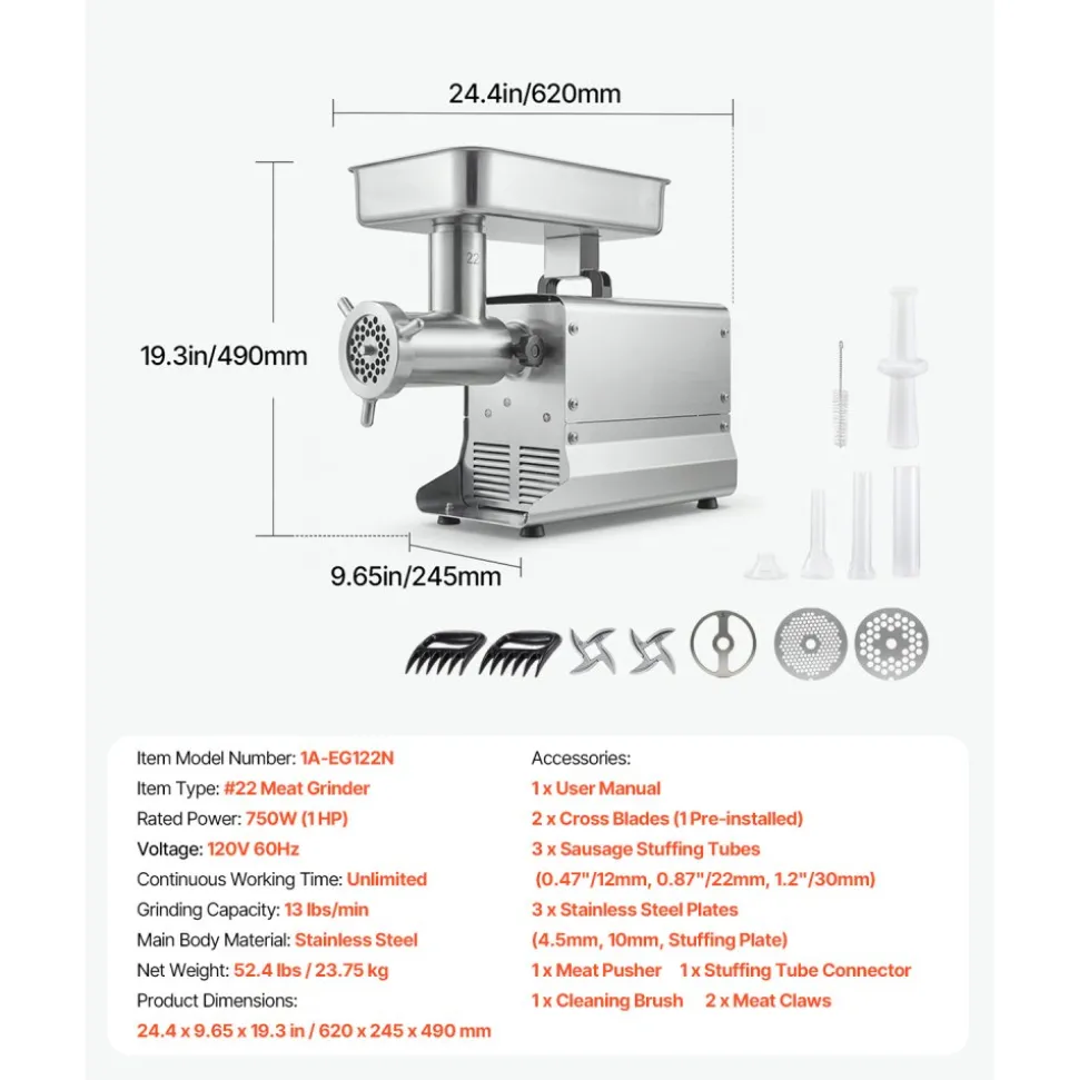 VEVOR Commercial Meat Grinder, 8 Lbs/Min Capacity, #8 Electric Meat Mincer with 3 Plates, 3 Sausage Stuffing Tubes, 350W/0.5HP Stainless Steel Sausage Maker for Home Kitchens & Restaurants, ETL Listed