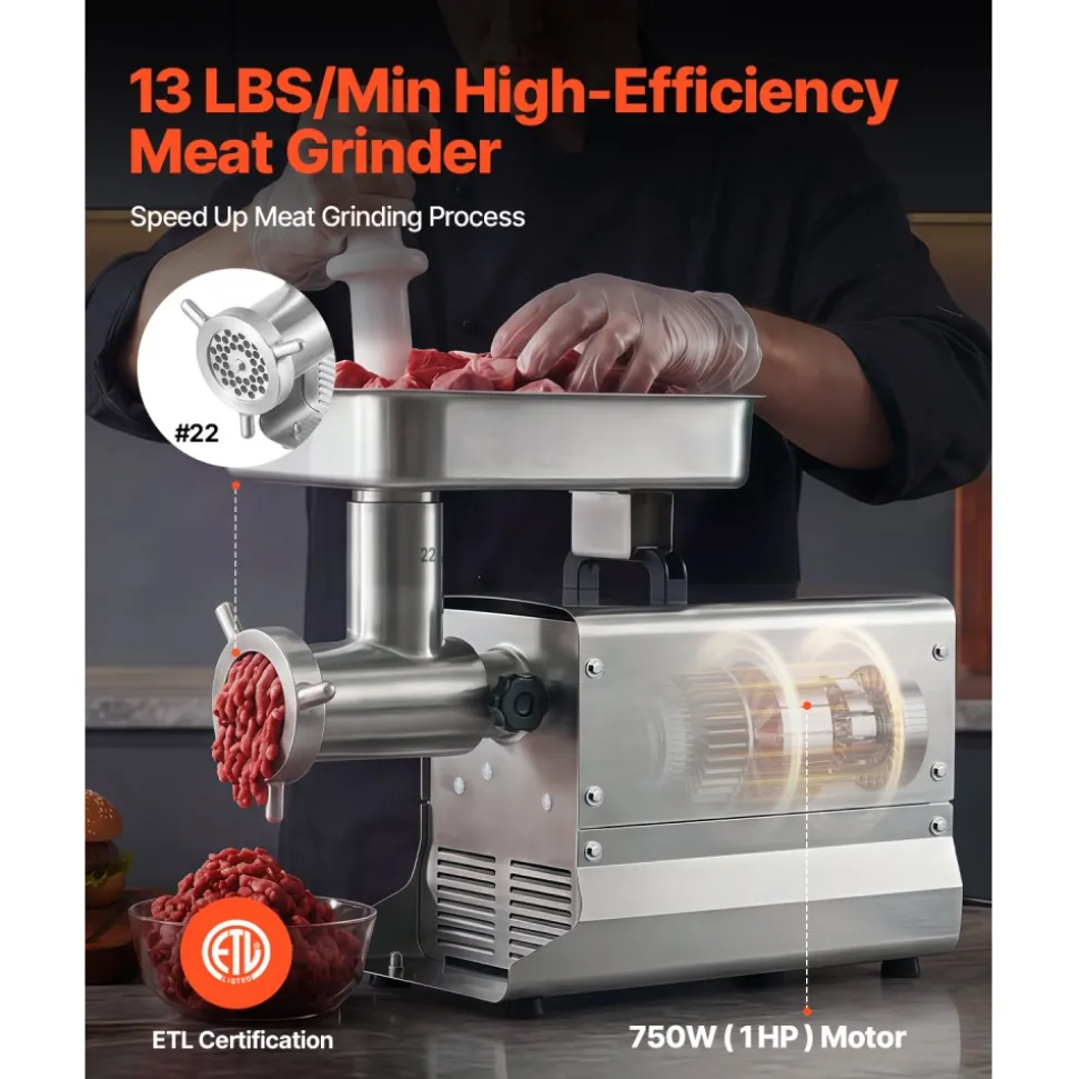VEVOR Commercial Meat Grinder, 8 Lbs/Min Capacity, #8 Electric Meat Mincer with 3 Plates, 3 Sausage Stuffing Tubes, 350W/0.5HP Stainless Steel Sausage Maker for Home Kitchens & Restaurants, ETL Listed