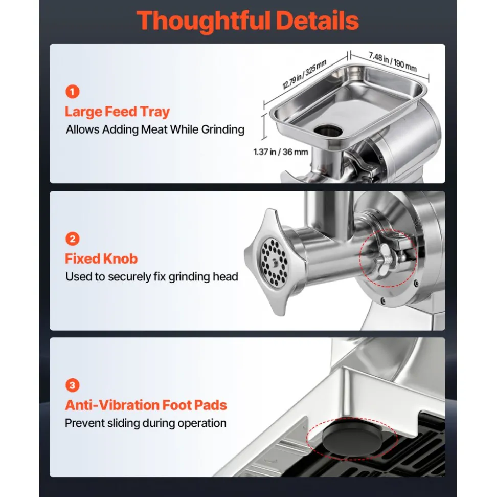 VEVOR Commercial Meat Grinder, 9.2 Lbs/Min Capacity, #12 Electric Meat Mincer with 2 Plates, 3 Sausage Stuffing Tubes & Kibbe Kit, 750W/1HP Sausage Maker for Home Kitchens & Restaurants, ETL Listed