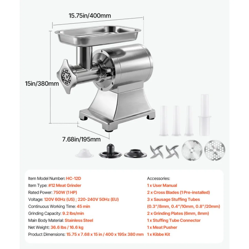 VEVOR Commercial Meat Grinder, 9.2 Lbs/Min Capacity, #12 Electric Meat Mincer with 2 Plates, 3 Sausage Stuffing Tubes & Kibbe Kit, 750W/1HP Sausage Maker for Home Kitchens & Restaurants, ETL Listed