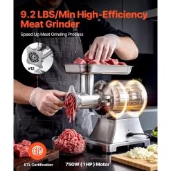 VEVOR Commercial Meat Grinder, 9.2 Lbs/Min Capacity, #12 Electric Meat Mincer with 2 Plates, 3 Sausage Stuffing Tubes & Kibbe Kit, 750W/1HP Sausage Maker for Home Kitchens & Restaurants, ETL Listed