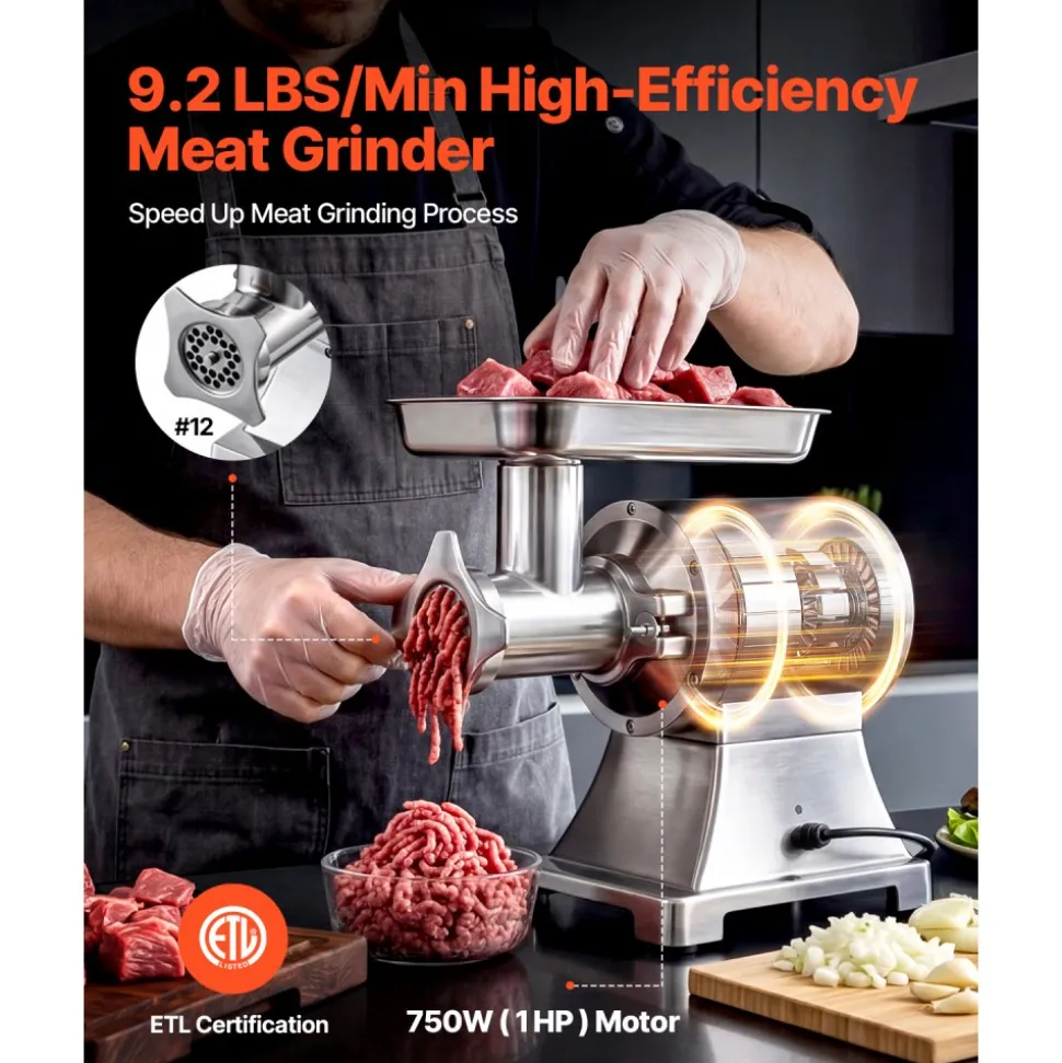 VEVOR Commercial Meat Grinder, 9.2 Lbs/Min Capacity, #12 Electric Meat Mincer with 2 Plates, 3 Sausage Stuffing Tubes & Kibbe Kit, 750W/1HP Sausage Maker for Home Kitchens & Restaurants, ETL Listed