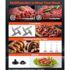 VEVOR Commercial Meat Grinder, 9.2 Lbs/Min Capacity, #12 Electric Meat Mincer with 2 Plates, 3 Sausage Stuffing Tubes & Kibbe Kit, 750W/1HP Sausage Maker for Home Kitchens & Restaurants, ETL Listed