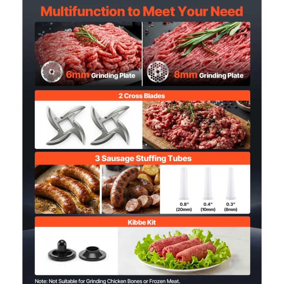 VEVOR Commercial Meat Grinder, 9.2 Lbs/Min Capacity, #12 Electric Meat Mincer with 2 Plates, 3 Sausage Stuffing Tubes & Kibbe Kit, 750W/1HP Sausage Maker for Home Kitchens & Restaurants, ETL Listed