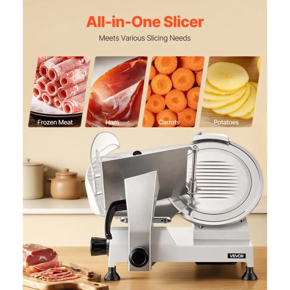 VEVOR Commercial Meat Slicer, 320W Electric Deli Food Slicer with 12" Carbon Steel Blade, Built-In Sharpener & 0-0.6" Adjustable Thickness for Frozen Meat, Ham, Baguett, Steak, UL Approved