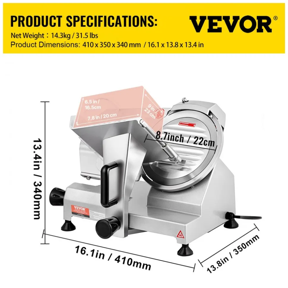 VEVOR Commercial Meat Slicer, 200W Electric Deli Food Slicer, 350-400RPM Meat Slicer with 8" Carbon Steel Blade, 0 - 0.47 inch Adjustable Thickness Electric Meat Slicer for Home and Commercial Use