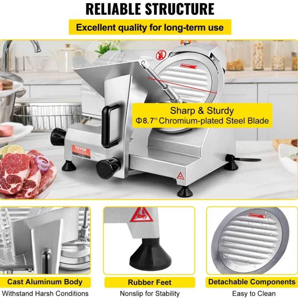VEVOR Commercial Meat Slicer, 200W Electric Deli Food Slicer, 350-400RPM Meat Slicer with 8" Carbon Steel Blade, 0 - 0.47 inch Adjustable Thickness Electric Meat Slicer for Home and Commercial Use