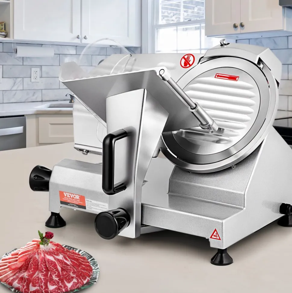 VEVOR Commercial Meat Slicer, 200W Electric Deli Food Slicer, 350-400RPM Meat Slicer with 8" Carbon Steel Blade, 0 - 0.47 inch Adjustable Thickness Electric Meat Slicer for Home and Commercial Use