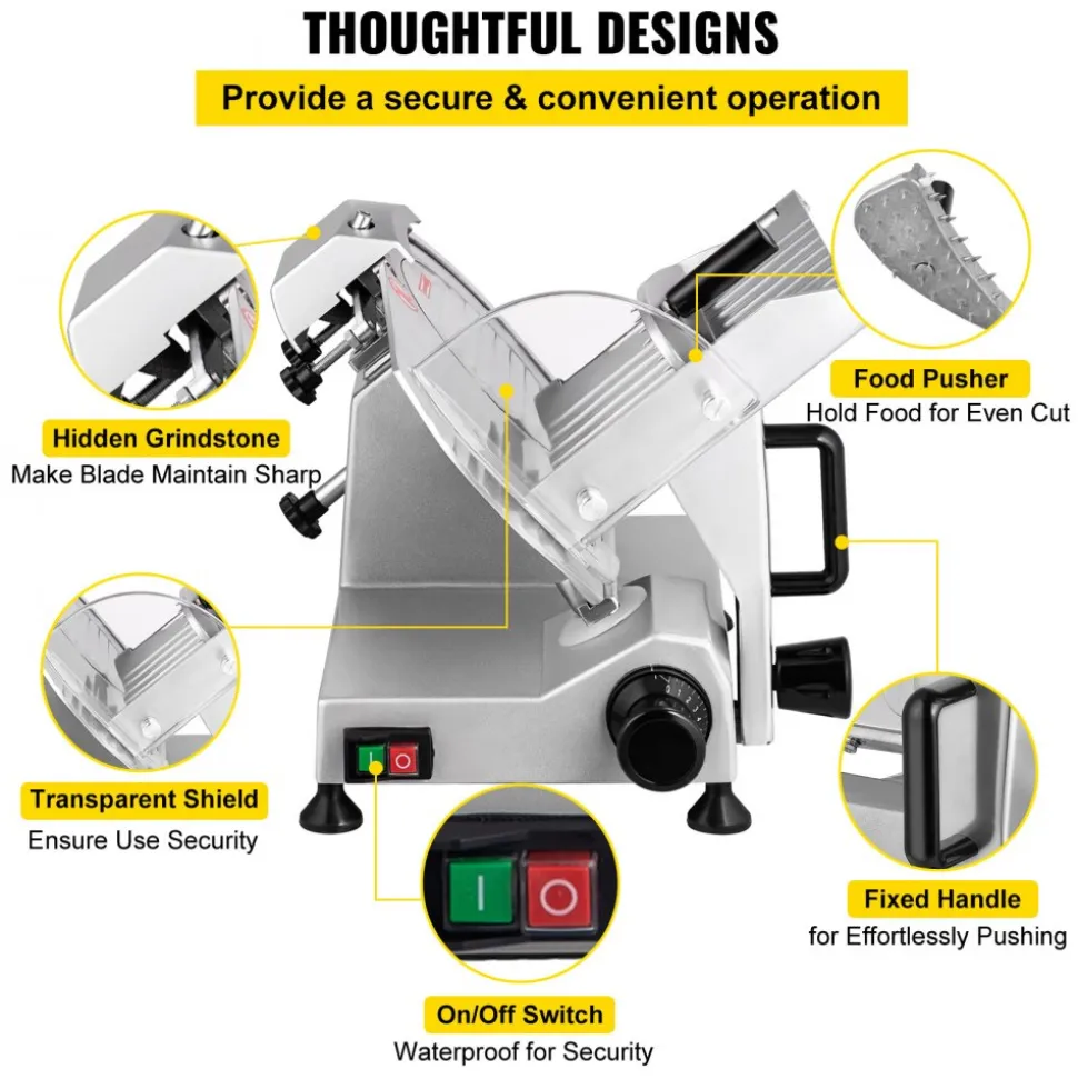 VEVOR Commercial Meat Slicer, 200W Electric Deli Food Slicer, 350-400RPM Meat Slicer with 8" Carbon Steel Blade, 0 - 0.47 inch Adjustable Thickness Electric Meat Slicer for Home and Commercial Use