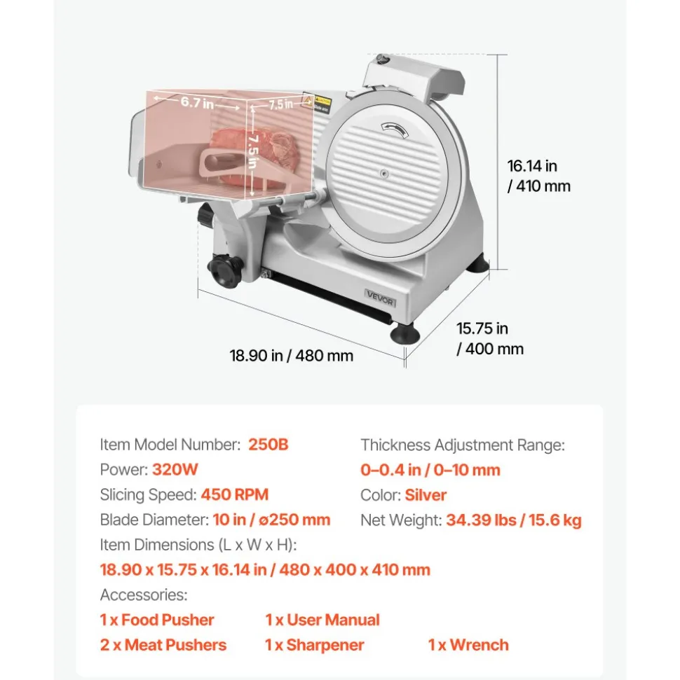 VEVOR Commercial Meat Slicer, 10 inch Electric Deli Slicer Machine, 320W Food-Slicer with SUS420 Blade, 0-0.4 inch Adjustable Thickness, for Frozen Meat, Ham, Baguett, Steak