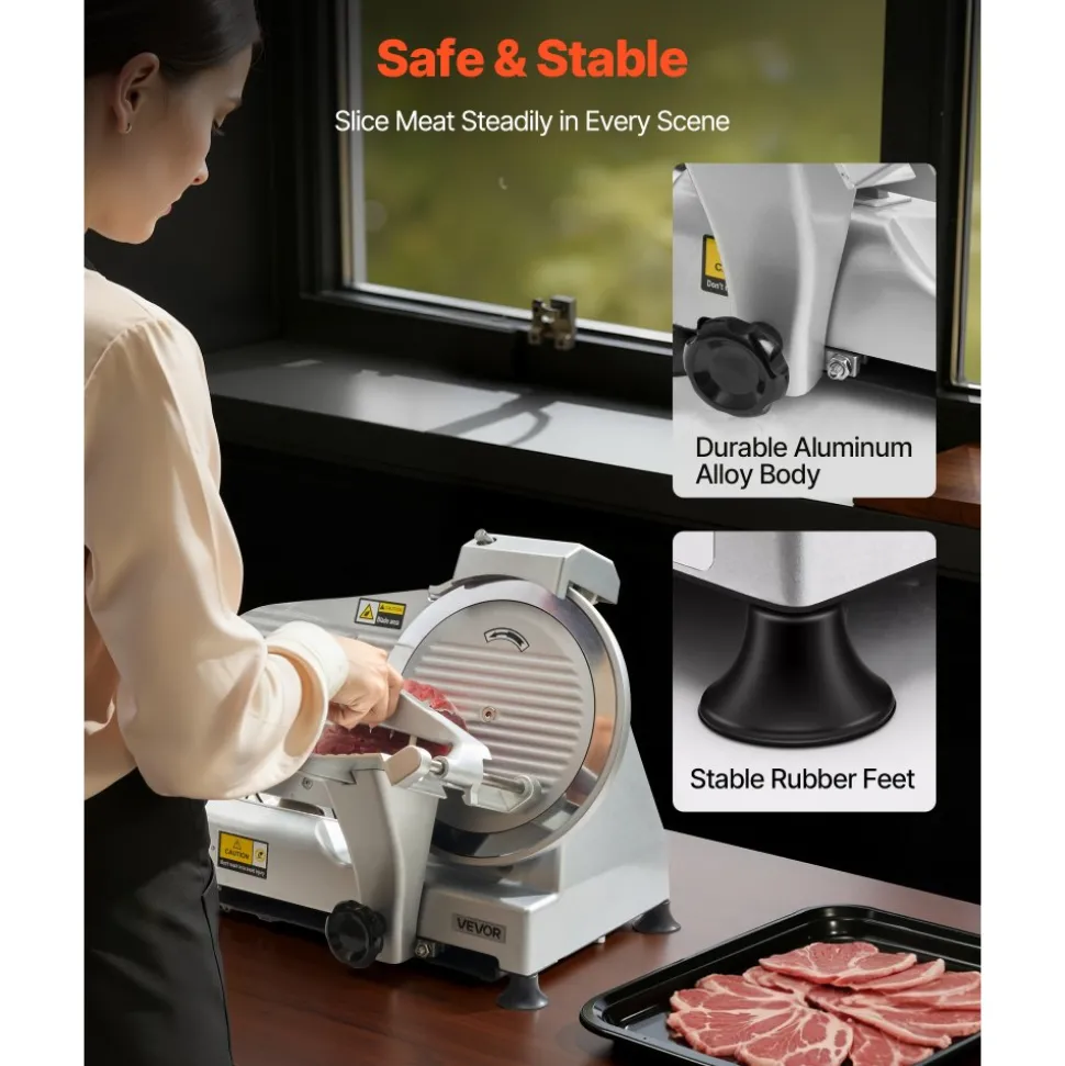 VEVOR Commercial Meat Slicer, 10 inch Electric Deli Slicer Machine, 320W Food-Slicer with SUS420 Blade, 0-0.4 inch Adjustable Thickness, for Frozen Meat, Ham, Baguett, Steak