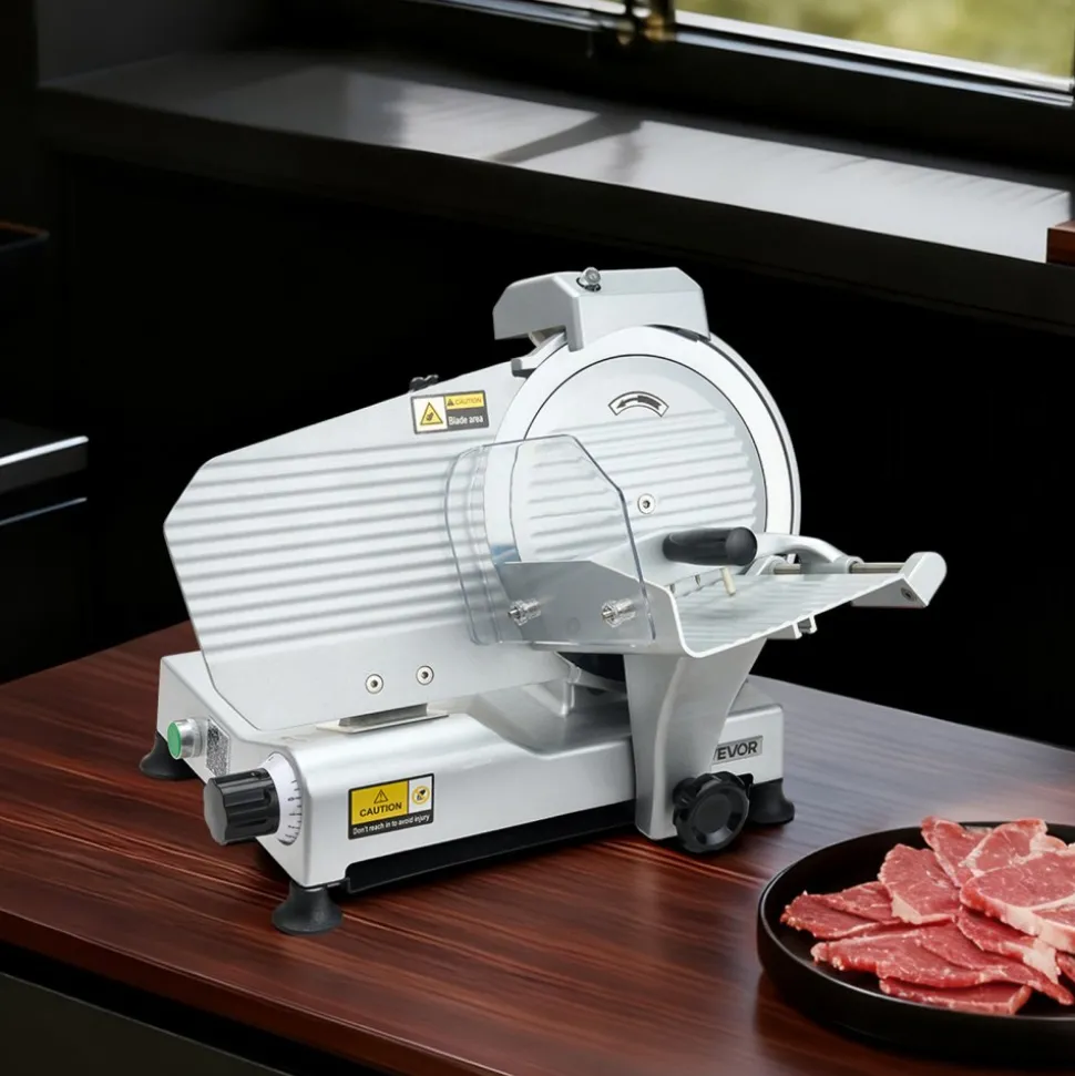 VEVOR Commercial Meat Slicer, 10 inch Electric Deli Slicer Machine, 320W Food-Slicer with SUS420 Blade, 0-0.4 inch Adjustable Thickness, for Frozen Meat, Ham, Baguett, Steak