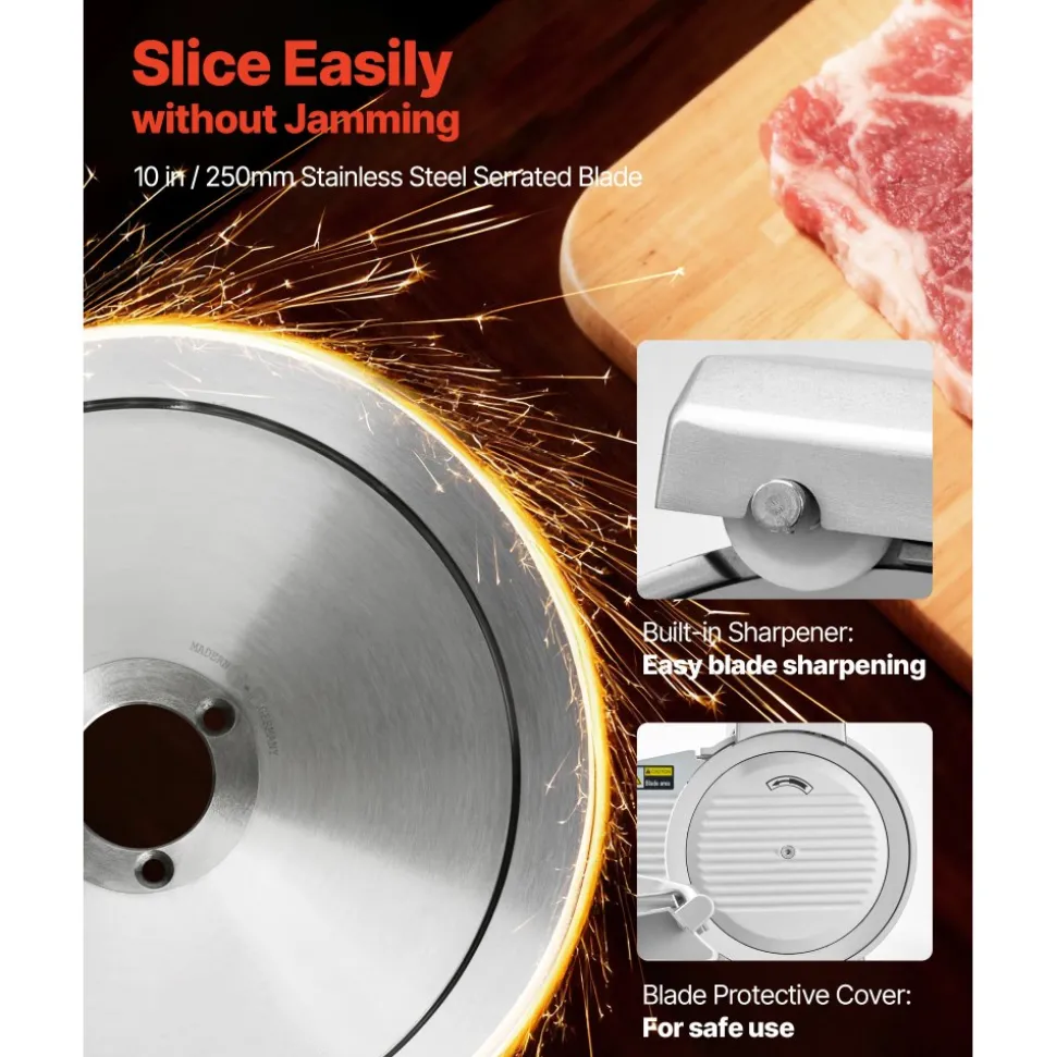 VEVOR Commercial Meat Slicer, 10 inch Electric Deli Slicer Machine, 320W Food-Slicer with SUS420 Blade, 0-0.4 inch Adjustable Thickness, for Frozen Meat, Ham, Baguett, Steak
