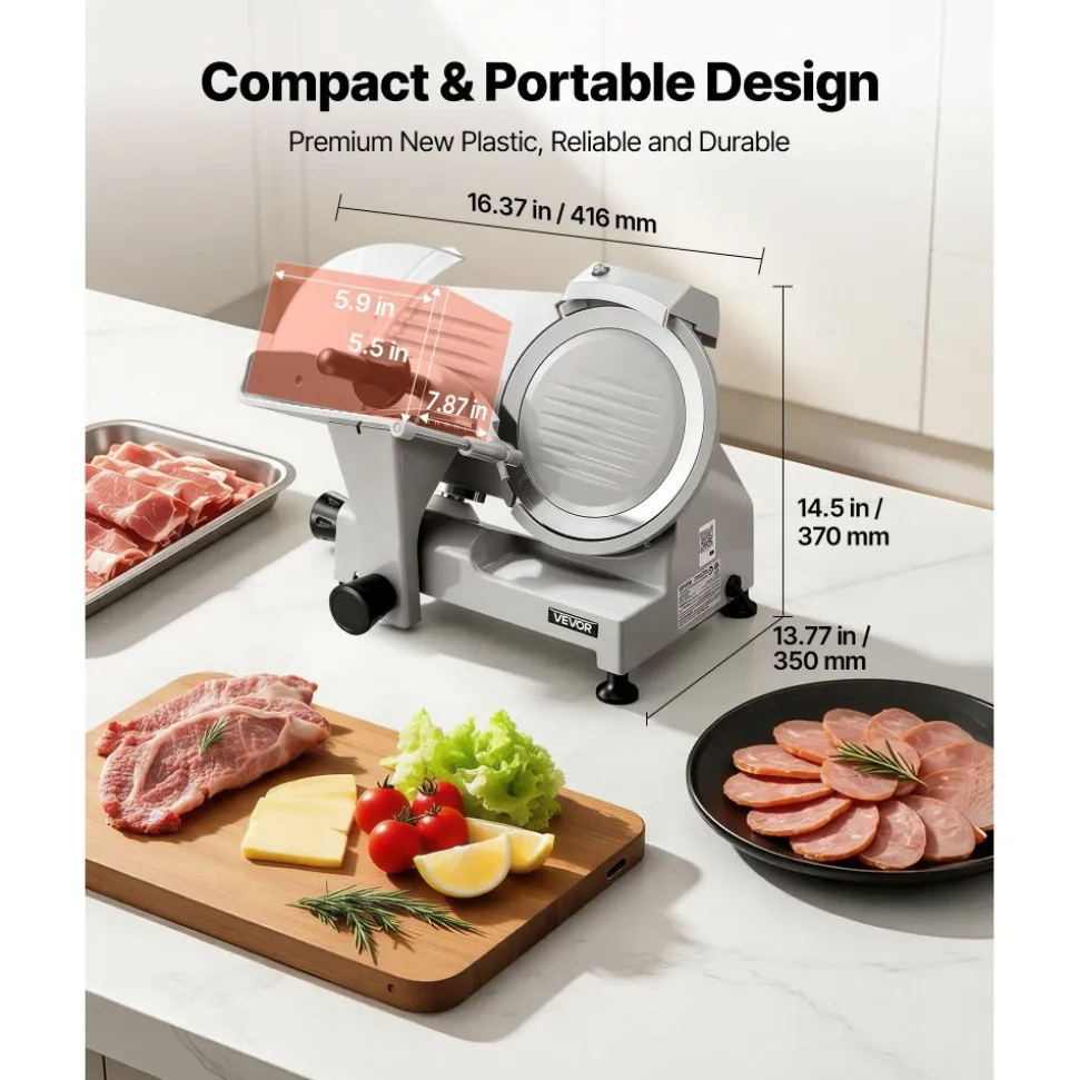 VEVOR Commercial Meat Slicer 300W Electric Cutter 8.7" Carbon Steel Blade, Food Slicer Machine with Removable Blade and Food Tray, 0-0.5" Adjustable Thickness ,for Frozen Meat, Ham, Baguett, Steak