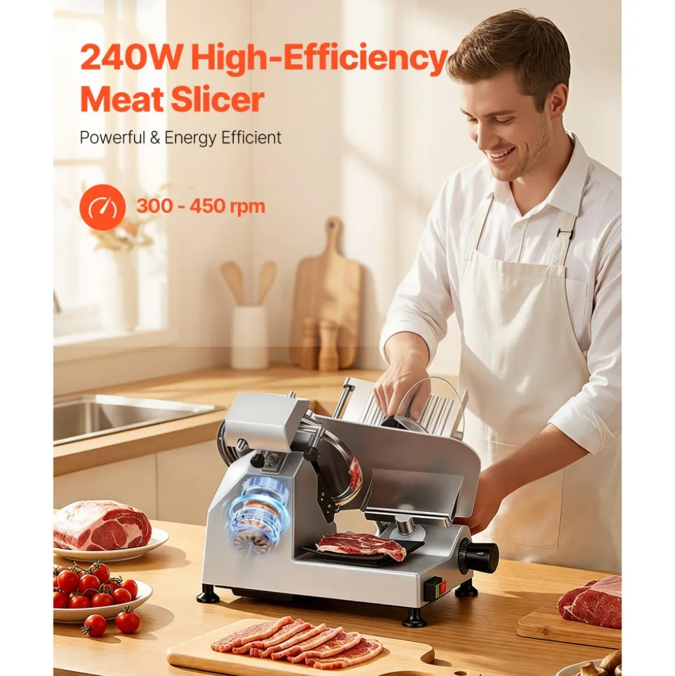 VEVOR 10" Commercial Meat Slicer, 240W Electric Deli Food Slicer with Carbon Steel Blade, Built-In Sharpener & 0-0.47" Adjustable Thickness for Frozen Meat, Ham, Baguett, Steak, UL Approved