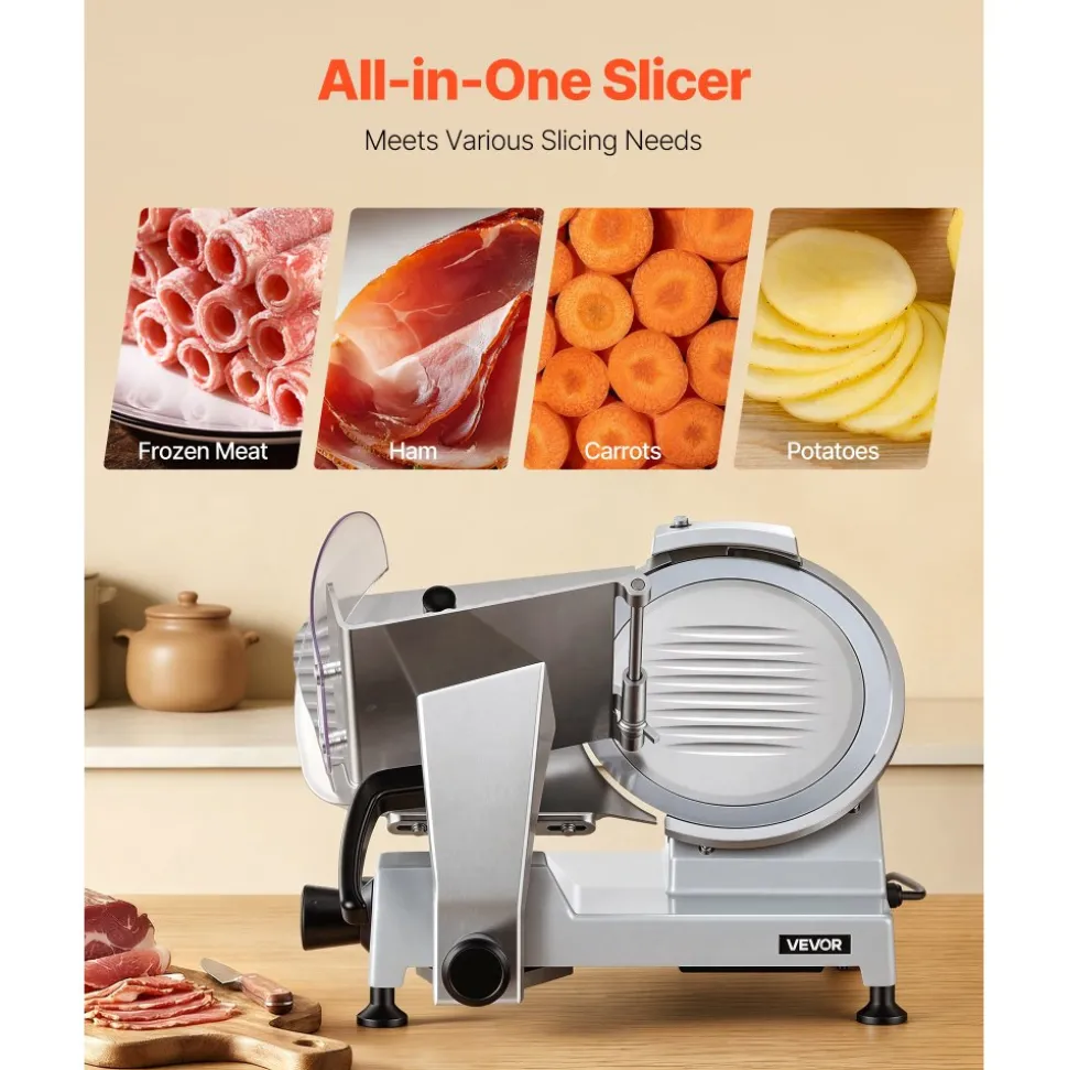 VEVOR 10" Commercial Meat Slicer, 240W Electric Deli Food Slicer with Carbon Steel Blade, Built-In Sharpener & 0-0.47" Adjustable Thickness for Frozen Meat, Ham, Baguett, Steak, UL Approved