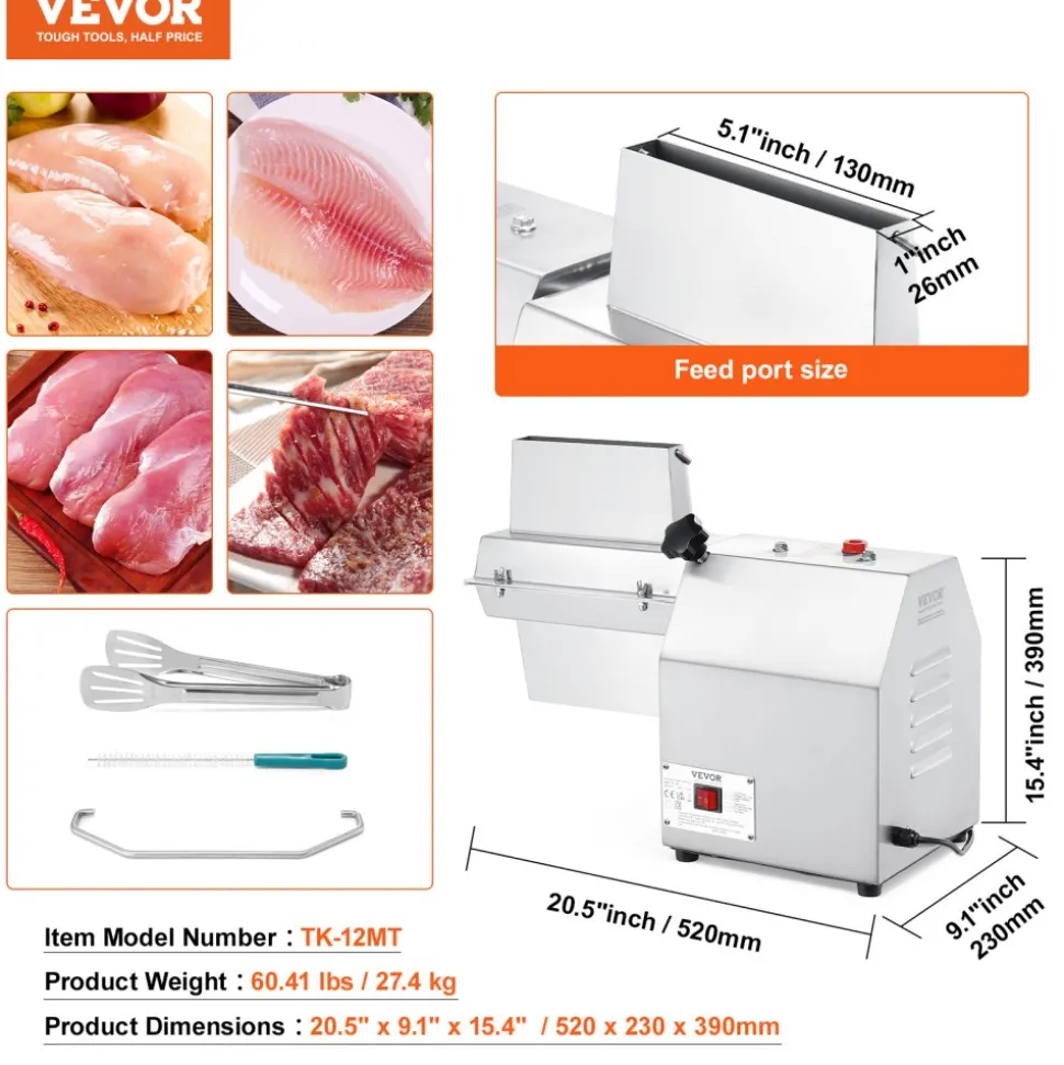 VEVOR Commercial Meat Tenderizer, Heavy Duty 304 Stainless Steel Kitchen Tool with Meat Tong, Cleaning Brush, and Tray, 750W Electric Meat Tenderizer Machine for Beef, Turkey, Chicken, Pork, and Fish