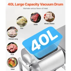 VEVOR Commercial Meat Tumbler Marinator, 40L Vacuum Tumbler Marinating Machine with Bidirectional Rotation and 3-Speed, Stainless Steel Vacuum Curing Machine for Chicken Pork Fish, Steak House