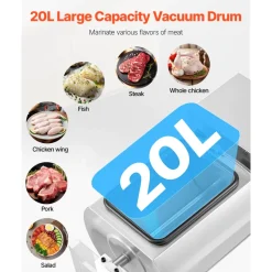 VEVOR Commercial Meat Tumbler Marinator, 20L Vacuum Tumbler Marinating Machine with Bidirectional Rotation and 3-Speed, Stainless Steel Vacuum Curing Machine for Chicken Steak Pork, Restaurant