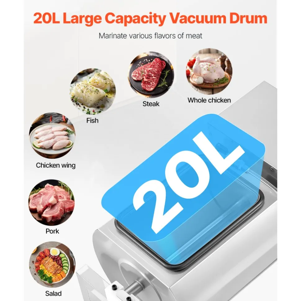 VEVOR Commercial Meat Tumbler Marinator, 20L Vacuum Tumbler Marinating Machine with Bidirectional Rotation and 3-Speed, Stainless Steel Vacuum Curing Machine for Chicken Steak Pork, Restaurant