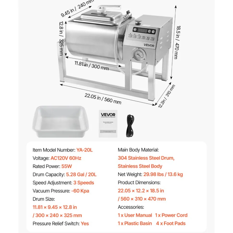 VEVOR Commercial Meat Tumbler Marinator, 20L Vacuum Tumbler Marinating Machine with Bidirectional Rotation and 3-Speed, Stainless Steel Vacuum Curing Machine for Chicken Steak Pork, Restaurant