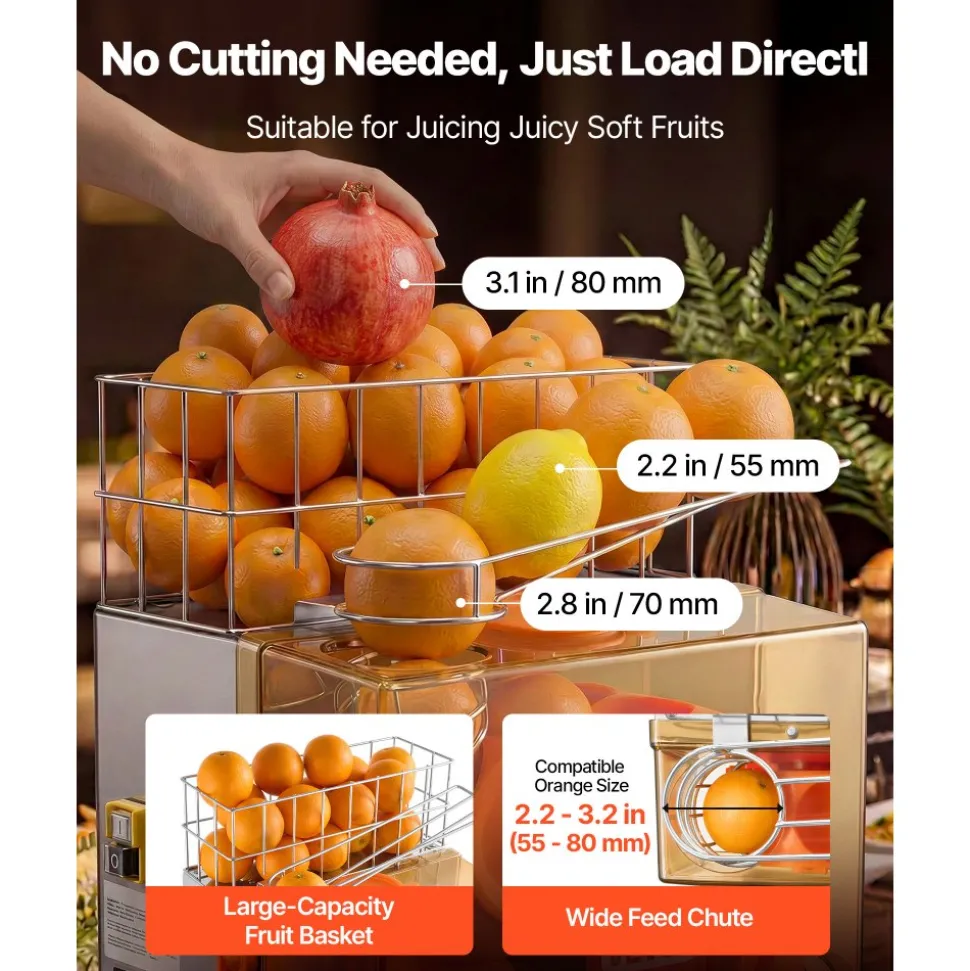 VEVOR Commercial Orange Juicer Machine, 120W Electric Orange Juice Press, Stainless Steel Orange Squeezer for 20 per Minute, Lemon Citrus Pomegranates Extractor with Water Tap, Peels Collecting Bucket