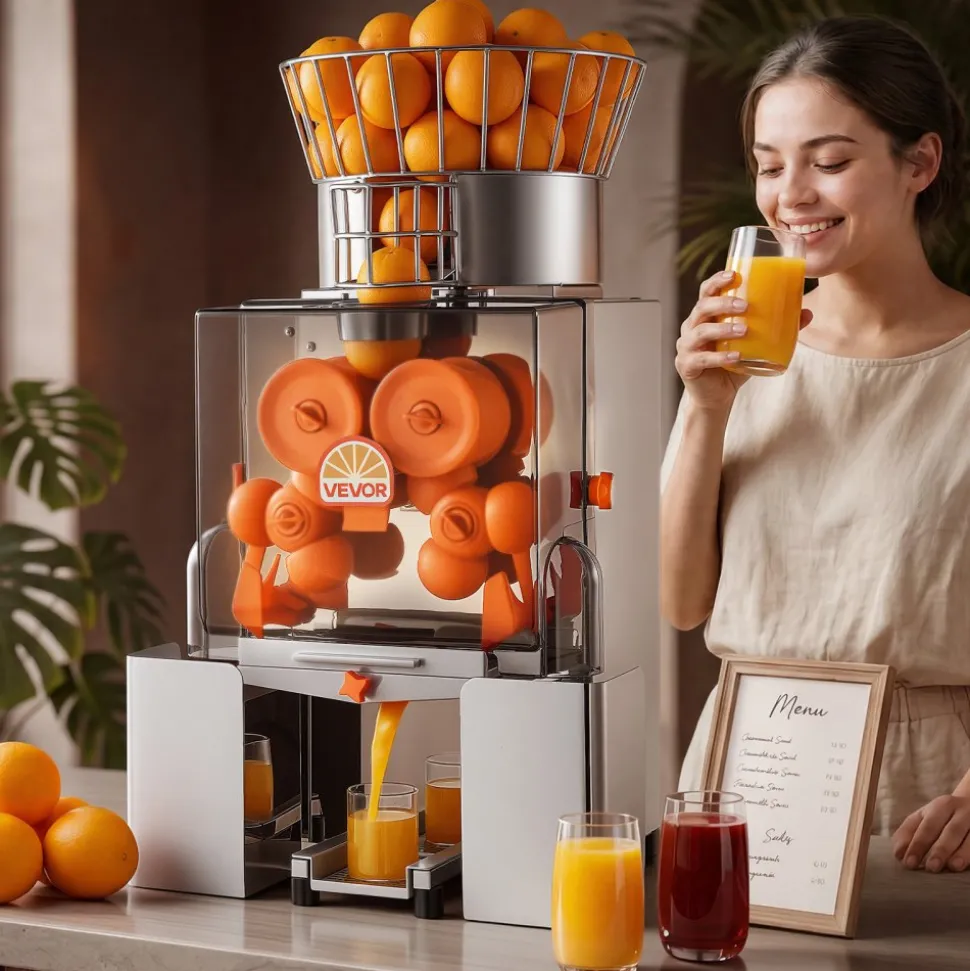 VEVOR Commercial Orange Juicer Machine, 120W Electric Automatic Orange Squeezer, Lemon Citrus Pomegranates Extractor for 20 per Minute, Stainless Steel, with Peel Collecting Bucket, PC Cover