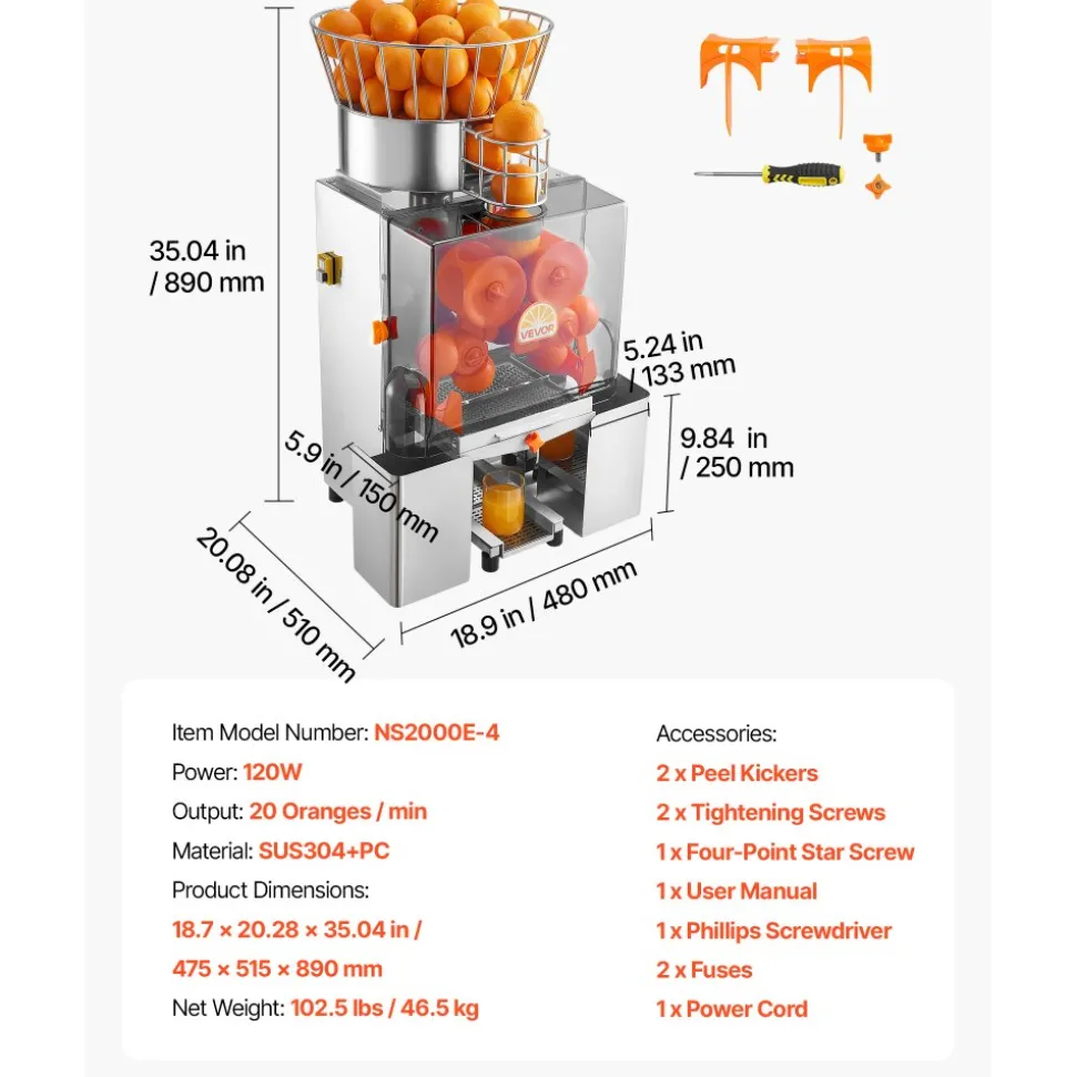 VEVOR Commercial Orange Juicer Machine, 120W Electric Automatic Orange Squeezer, Lemon Citrus Pomegranates Extractor for 20 per Minute, Stainless Steel, with Peel Collecting Bucket, PC Cover