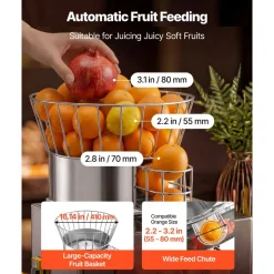 VEVOR Commercial Orange Juicer Machine, 120W Automatic Feeding Juice Extractor, Stainless Steel Juice Extractor for 25 Oranges Per Minute, with Pull-Out Filter Box, PC Cover, 2 Peel Collecting Buckets