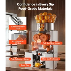 VEVOR Commercial Orange Juicer Machine, 120W Automatic Feeding Juice Extractor, Stainless Steel Juice Extractor for 25 Oranges Per Minute, with Pull-Out Filter Box, PC Cover, 2 Peel Collecting Buckets