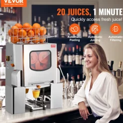 VEVOR Commercial Orange Juicer Machine, 120W Automatic Juice Extractor, Stainless Steel Orange Squeezer 20 Oranges/Minute, with Pull-Out Filter Box, Stainless Steel Cover, 2 Peel Collecting Buckets