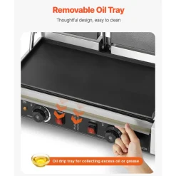 VEVOR Commercial Panini Grill, 3600W Electric Sandwich Panini Maker, Stainless Steel Double Sandwichs Press with Handle and Temp Control, 19x9 in Full Flat Enamel Plate, for Hamburger Steak Bacon