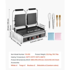 VEVOR Commercial Panini Grill, 3600W Electric Sandwich Panini Maker, Stainless Steel Double Sandwichs Press with Handle and Temp Control, 19x9 in Full Flat Enamel Plate, for Hamburger Steak Bacon