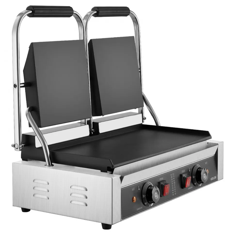 VEVOR Commercial Panini Grill, 3600W Electric Sandwich Panini Maker, Stainless Steel Double Sandwichs Press with Handle and Temp Control, 19x9 in Full Flat Enamel Plate, for Hamburger Steak Bacon