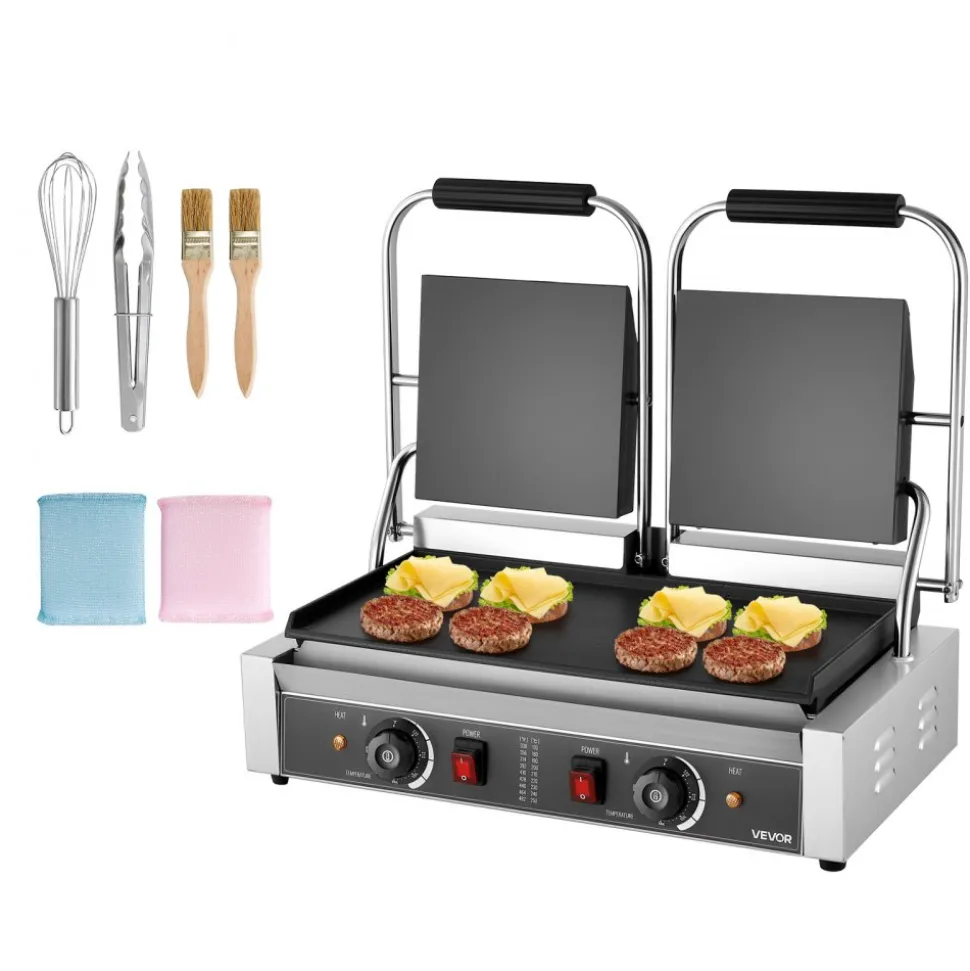 VEVOR Commercial Panini Grill, 3600W Electric Sandwich Panini Maker, Stainless Steel Double Sandwichs Press with Handle and Temp Control, 19x9 in Full Flat Enamel Plate, for Hamburger Steak Bacon