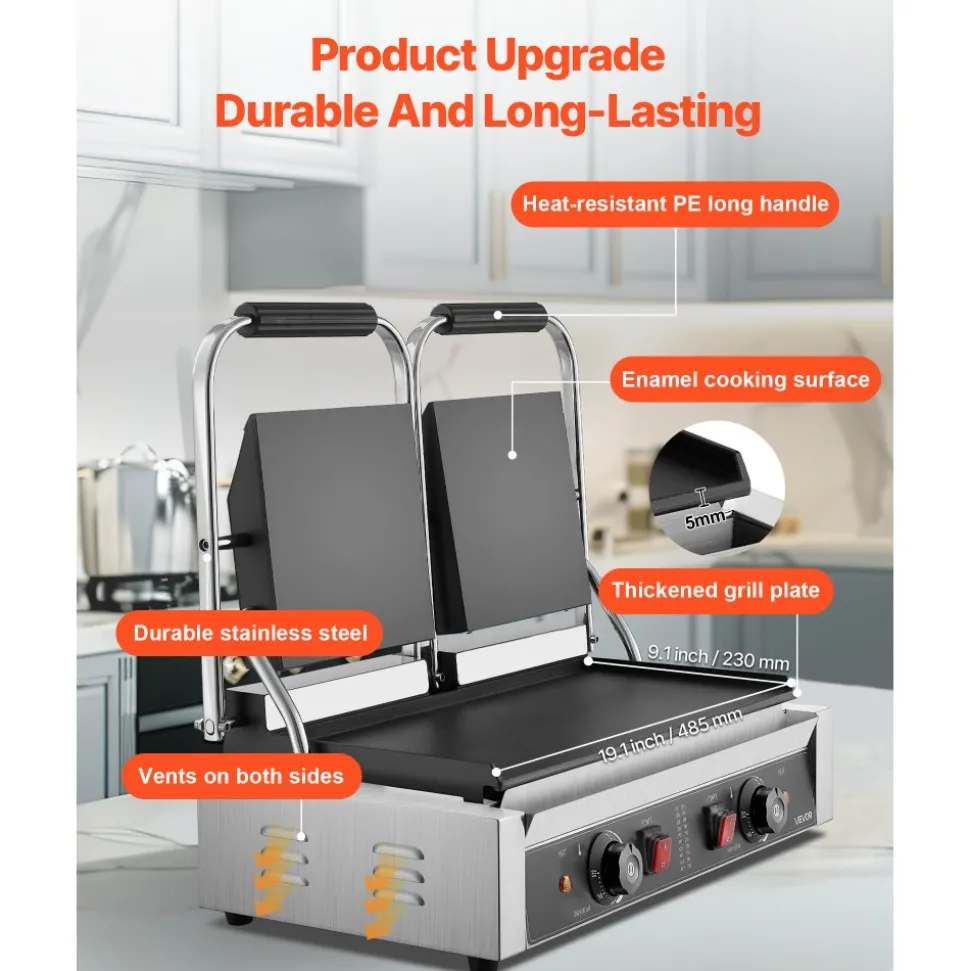 VEVOR Commercial Panini Grill, 3600W Electric Sandwich Panini Maker, Stainless Steel Double Sandwichs Press with Handle and Temp Control, 19x9 in Full Flat Enamel Plate, for Hamburger Steak Bacon