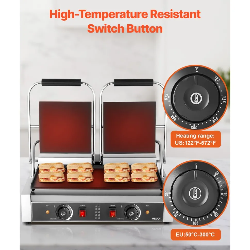 VEVOR Commercial Panini Grill, 3600W Electric Sandwich Panini Maker, Stainless Steel Double Sandwichs Press with Handle and Temp Control, 19x9 in Full Flat Enamel Plate, for Hamburger Steak Bacon