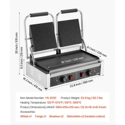 VEVOR Commercial Panini Grill, 1800W Electric Sandwich Panini Maker, Stainless Steel Sandwichs Press with Handle and Temp Control, 13.5x9.3 in Full Grooved Enamel Plate, for Hamburger Steak Bacon