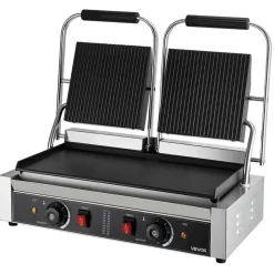VEVOR Commercial Panini Grill, 1800W Electric Sandwich Panini Maker, Stainless Steel Sandwichs Press with Handle and Temp Control, 13.5x9.3 in Full Grooved Enamel Plate, for Hamburger Steak Bacon
