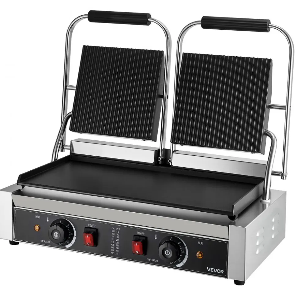 VEVOR Commercial Panini Grill, 1800W Electric Sandwich Panini Maker, Stainless Steel Sandwichs Press with Handle and Temp Control, 13.5x9.3 in Full Grooved Enamel Plate, for Hamburger Steak Bacon