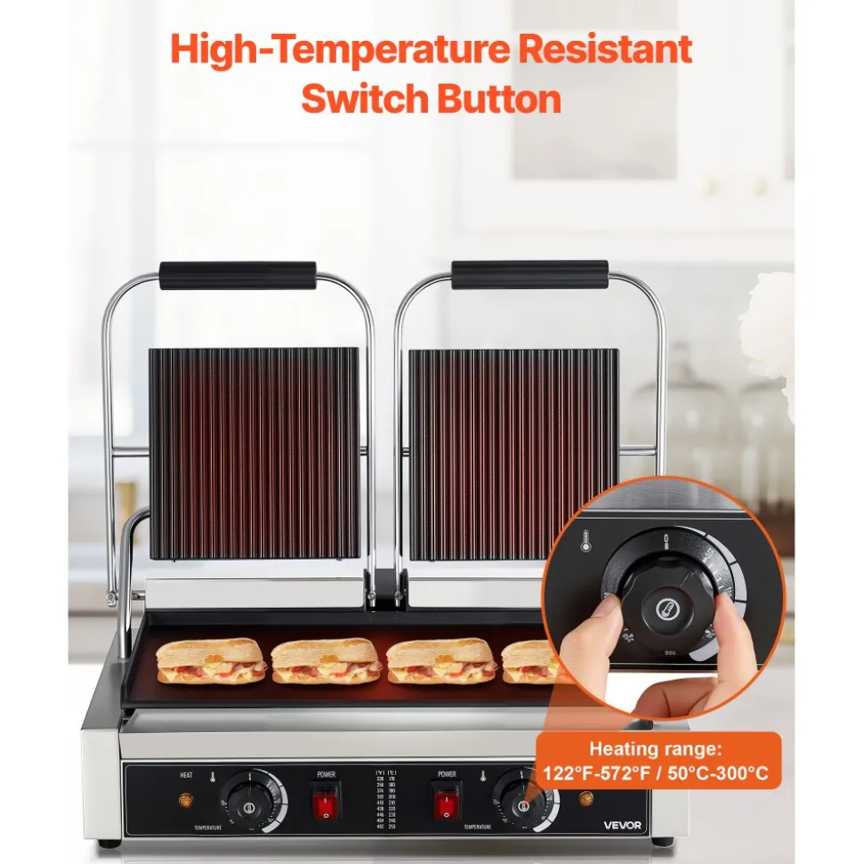 VEVOR Commercial Panini Grill, 1800W Electric Sandwich Panini Maker, Stainless Steel Sandwichs Press with Handle and Temp Control, 13.5x9.3 in Full Grooved Enamel Plate, for Hamburger Steak Bacon
