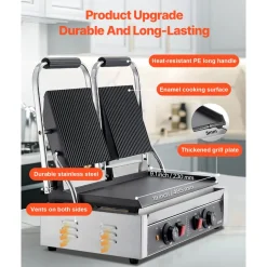 VEVOR Commercial Panini Grill, 1800W Electric Sandwich Panini Maker, Stainless Steel Sandwichs Press with Handle and Temp Control, 13.5x9.3 in Full Grooved Enamel Plate, for Hamburger Steak Bacon