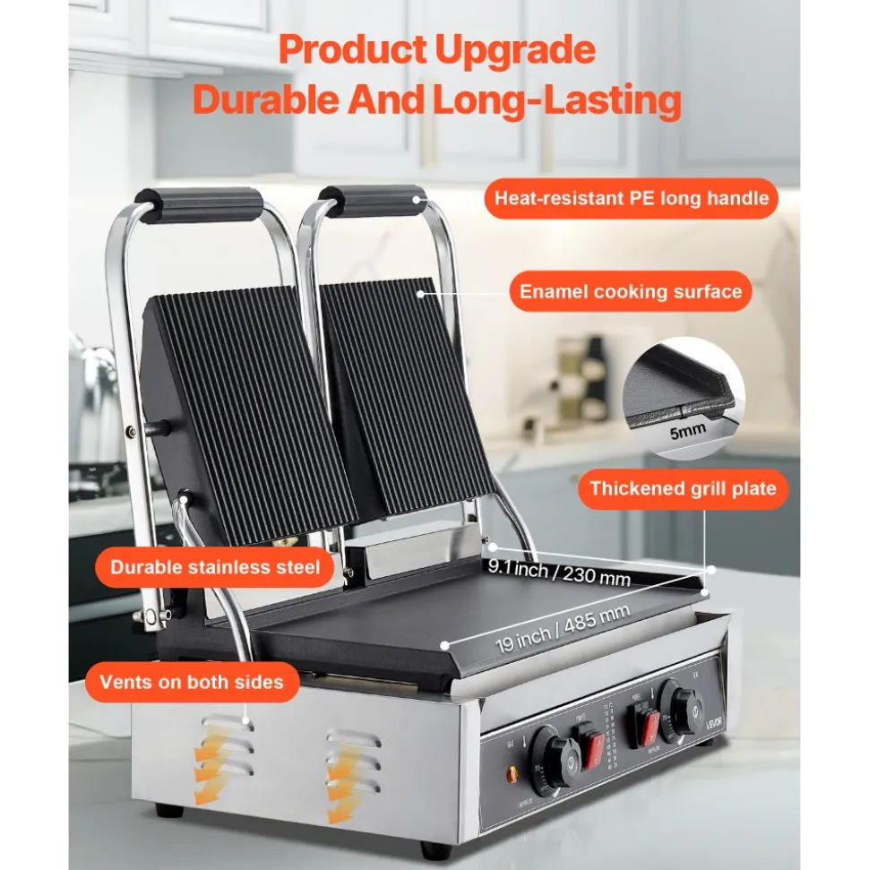 VEVOR Commercial Panini Grill, 1800W Electric Sandwich Panini Maker, Stainless Steel Sandwichs Press with Handle and Temp Control, 13.5x9.3 in Full Grooved Enamel Plate, for Hamburger Steak Bacon